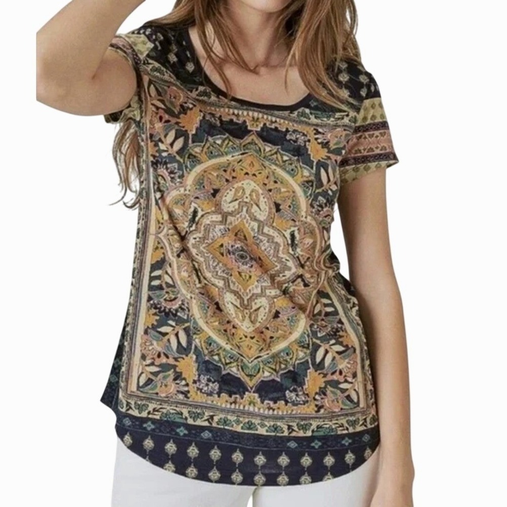 Lucky Brand Short Sleeve Tee T-Shirt 2X Blue Boho Scoop Neck Medallion Print